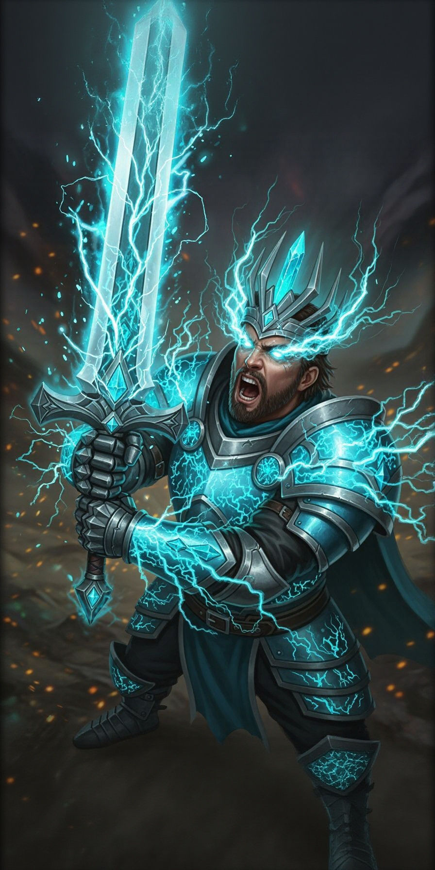 Cyan Electric Warrior in Fantasy Illustration Style