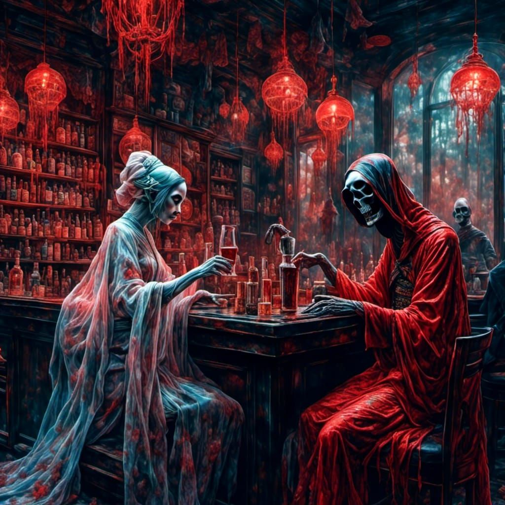 Geisha Serves Grim Reaper in Red Horror Scene