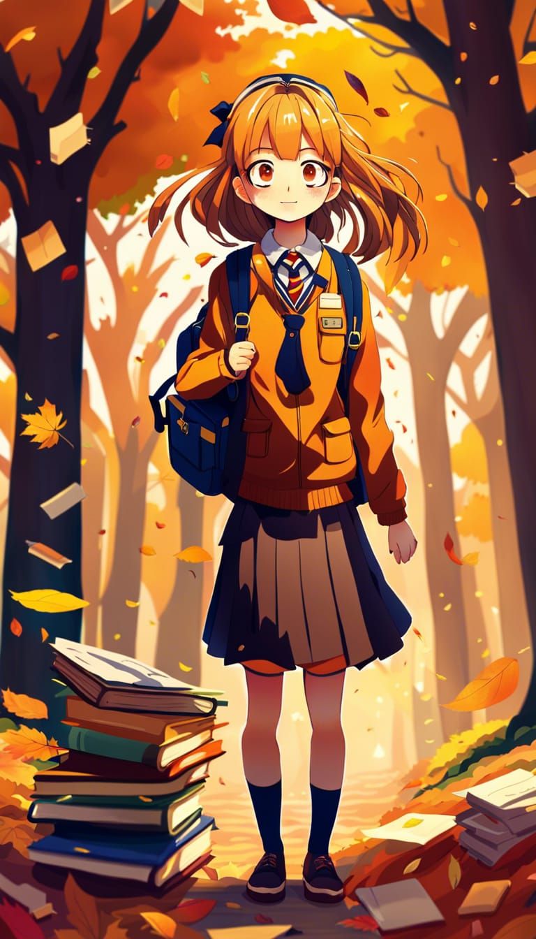 Anime Girl in Autumn, Digital Painting Style