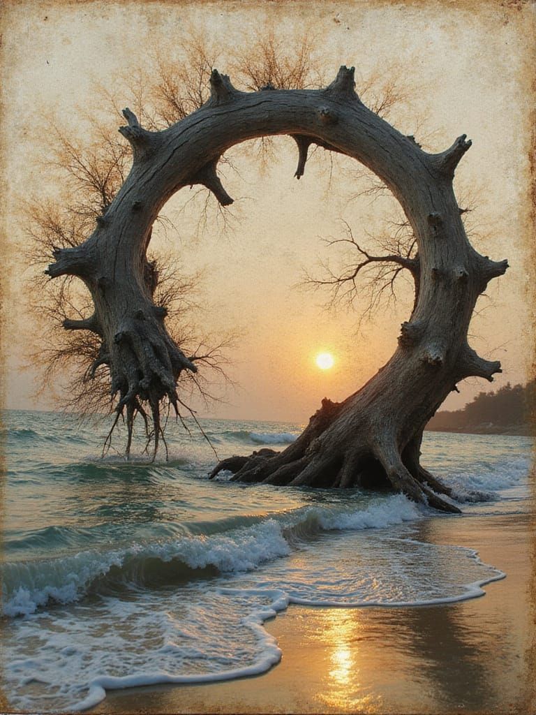 Driftwood Curling Eroded Olde-World Map, Charred and Rusty