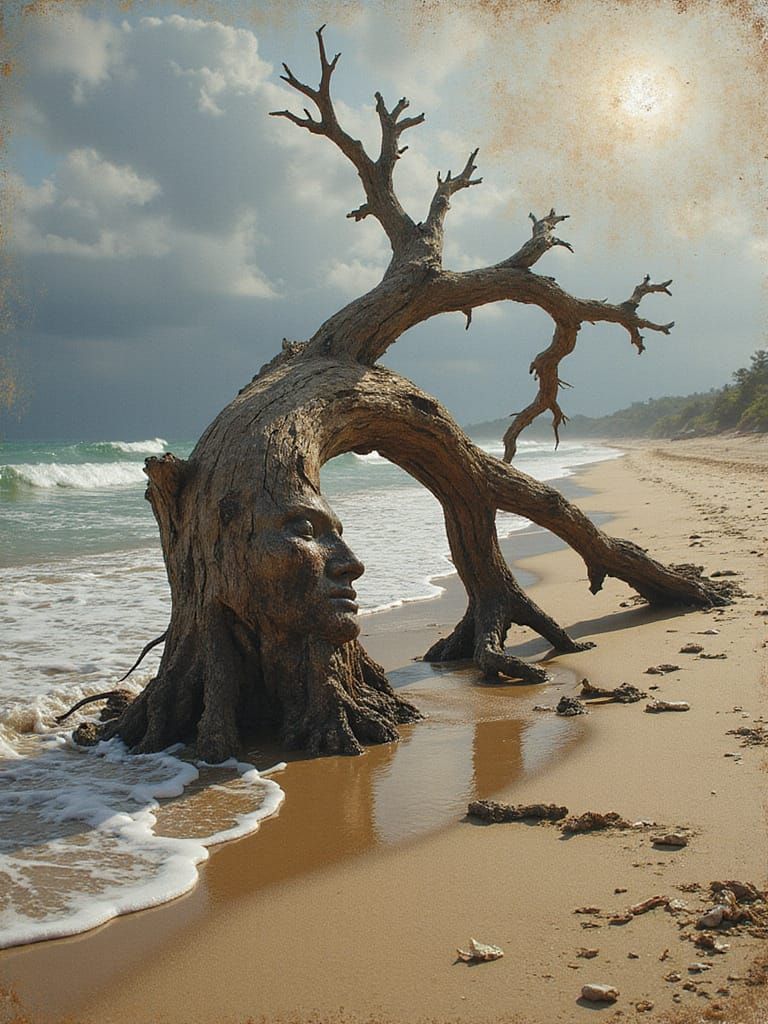 Driftwood Curling Eroded Olde-World Map, Charred and Rusty