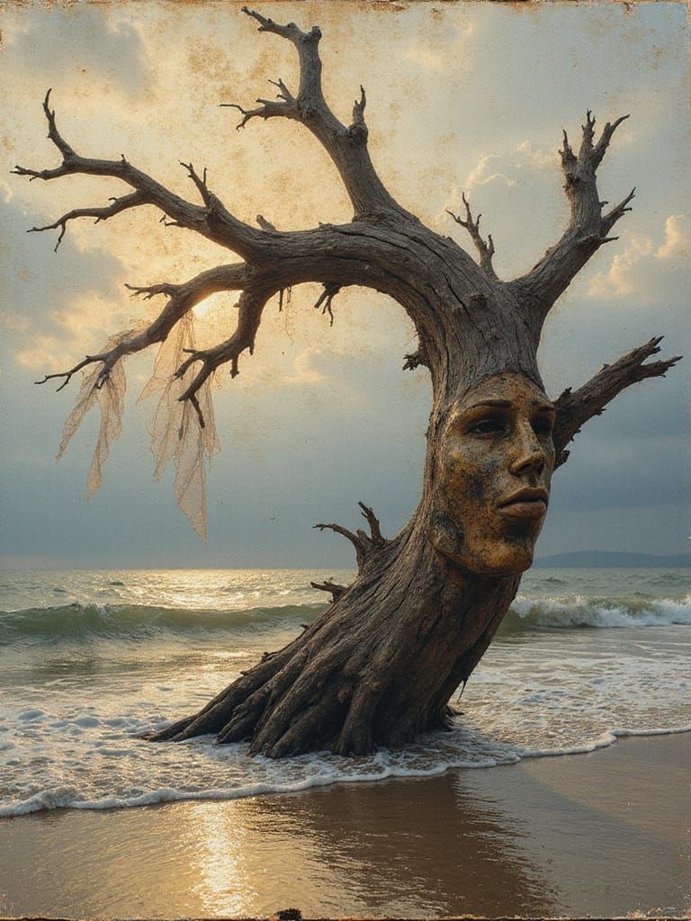 Driftwood Curling Eroded Olde-World Map, Charred and Rusty