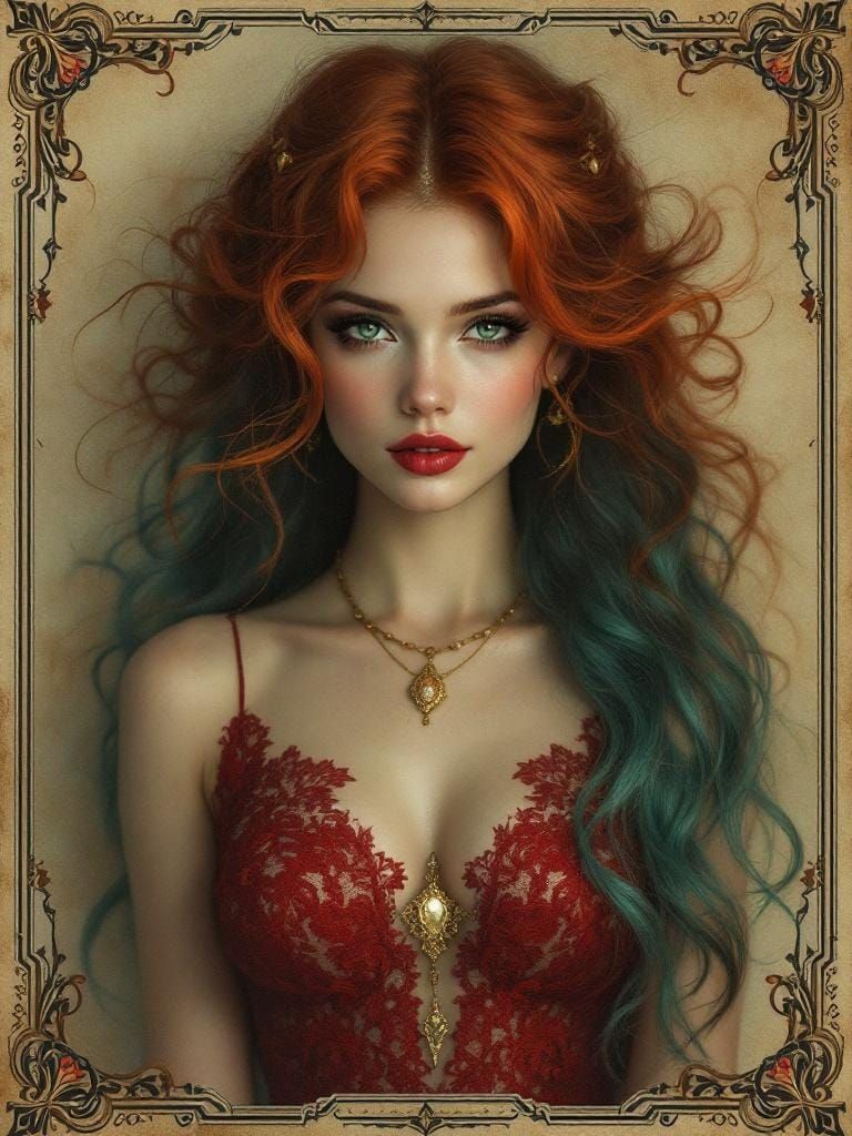 Woman in Red Lace: Art Nouveau Digital Portrait