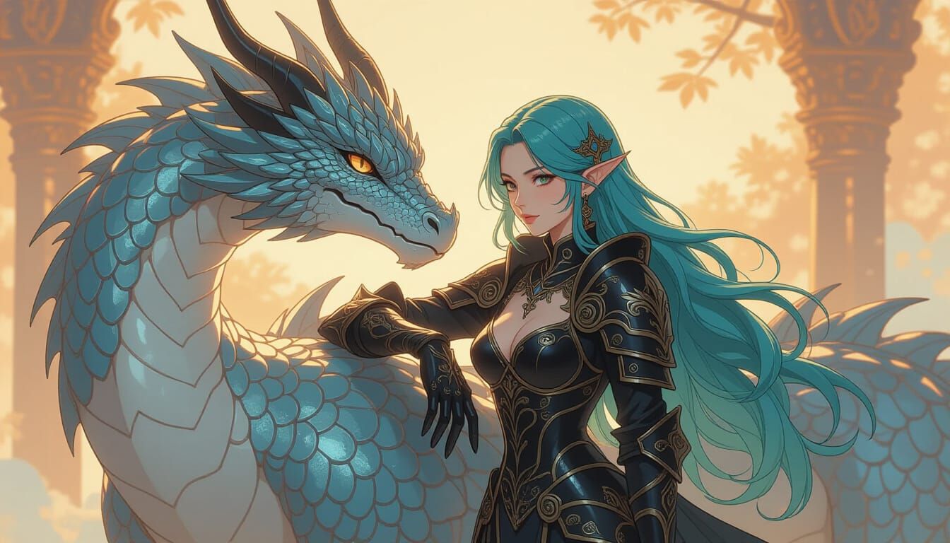 Woman and Silver Dragon in Mystical Realism Style