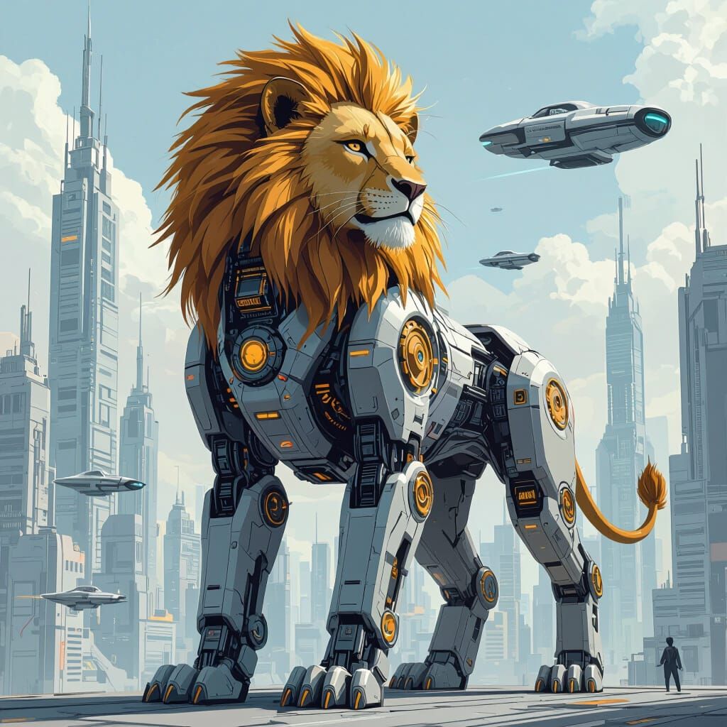 Futuristic Robot Lioness in Minimalist Style