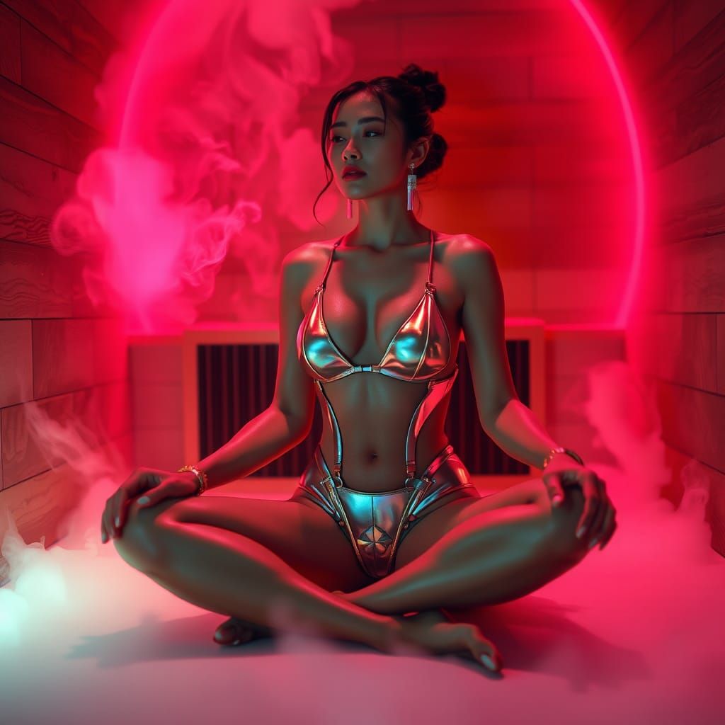 Sci-Fi Woman Meditating in Neon Sauna