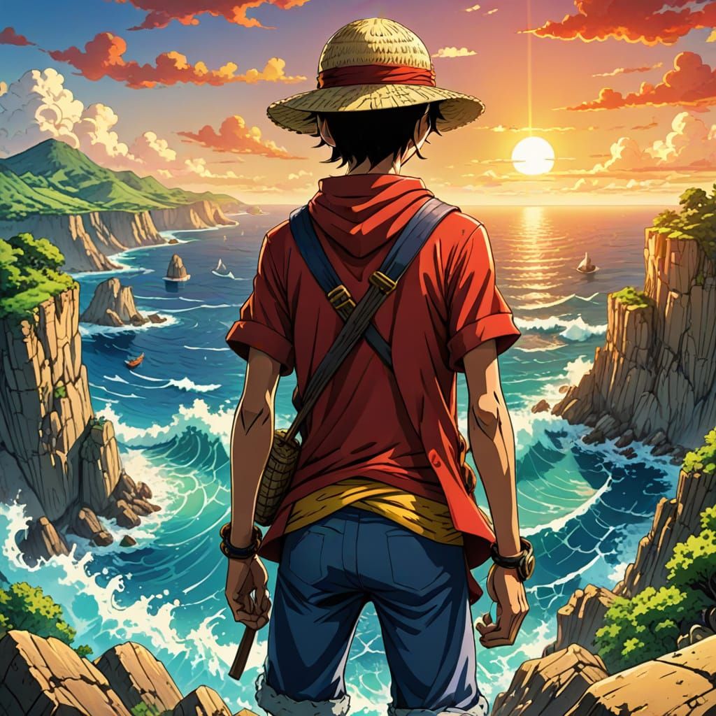Heroic Monkey D. Luffy on Rocky Cliff in Vibrant Anime Style