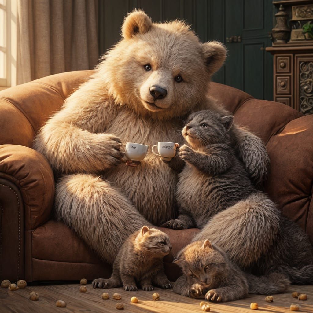 Bear and Marmot Tea Party in Anime Style