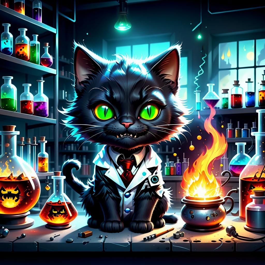 Chibi Mad Scientist Cat in Laboratory
