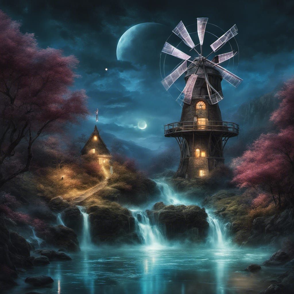 Glowing Fairy Windmill with Bioluminescent Waterfalls