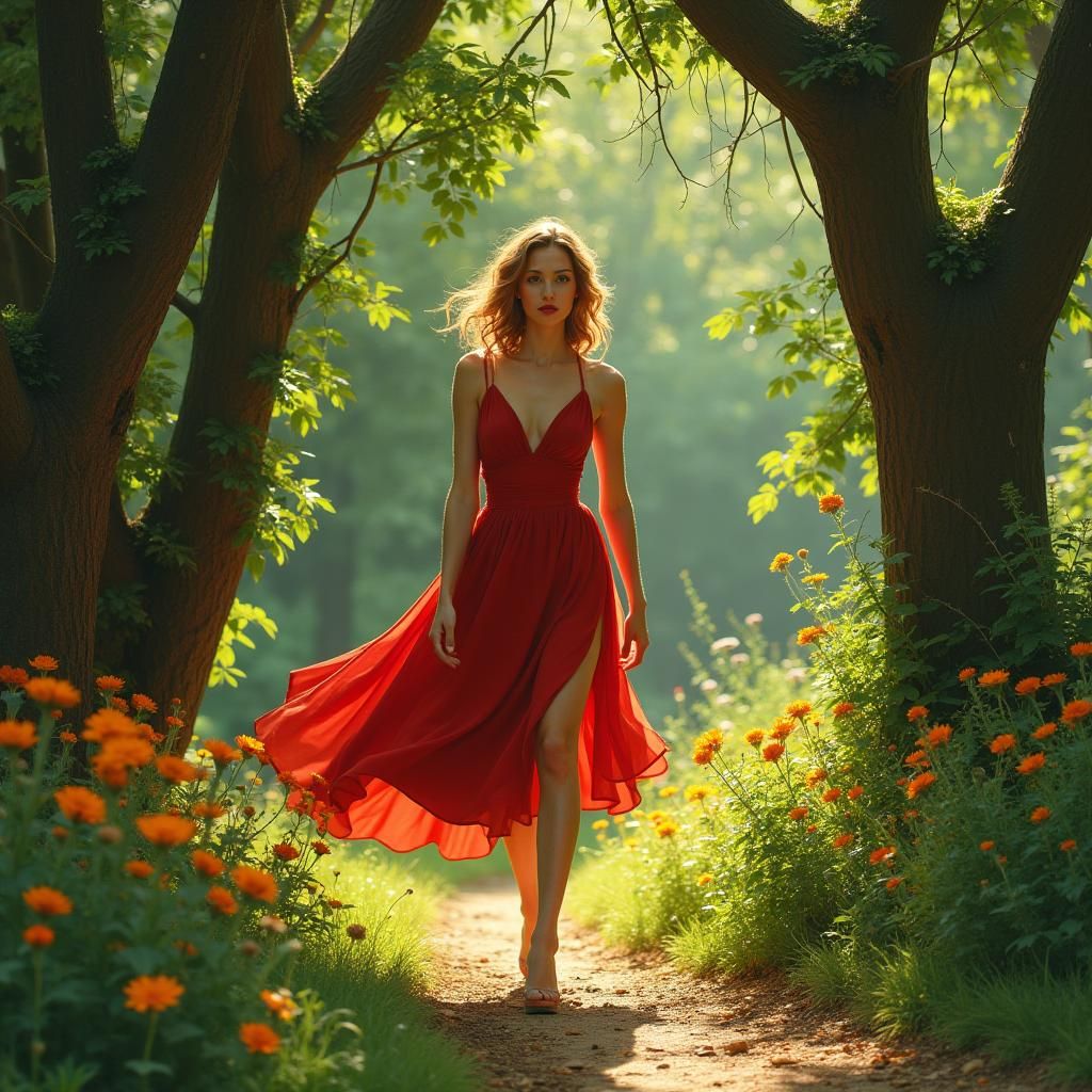 Enchanting Forest Scene: Woman in Frazetta-Inspired Style