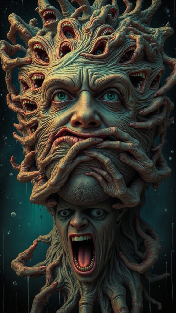 Mindscape of Emotions: Faces of Madness Erupting from Serene...