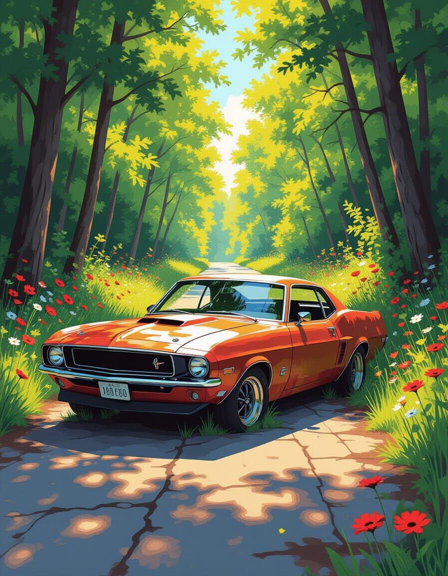 Abandoned Muscle Car Overgrown with Wildflowers