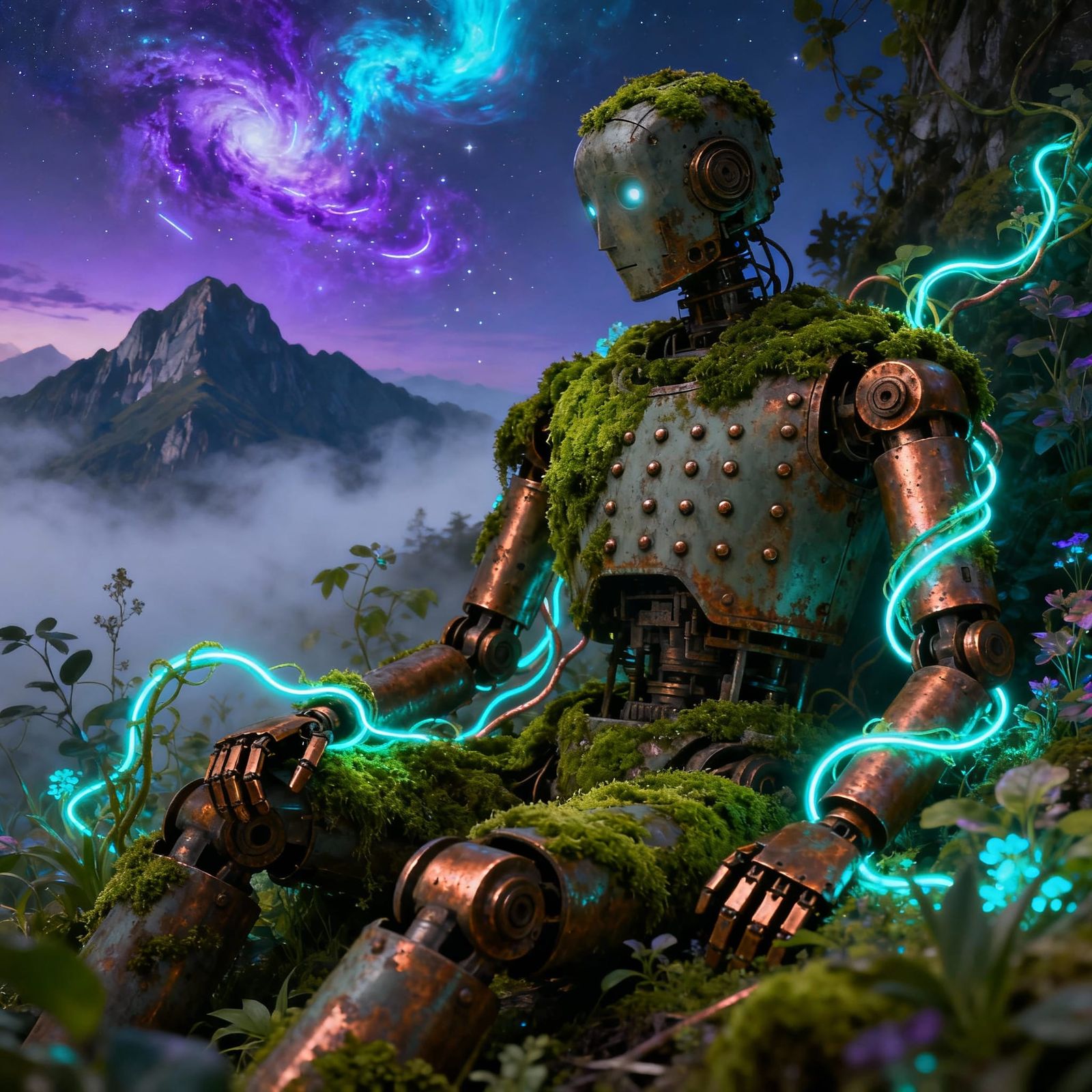 Ancient Automaton in Bioluminescent Flora Field