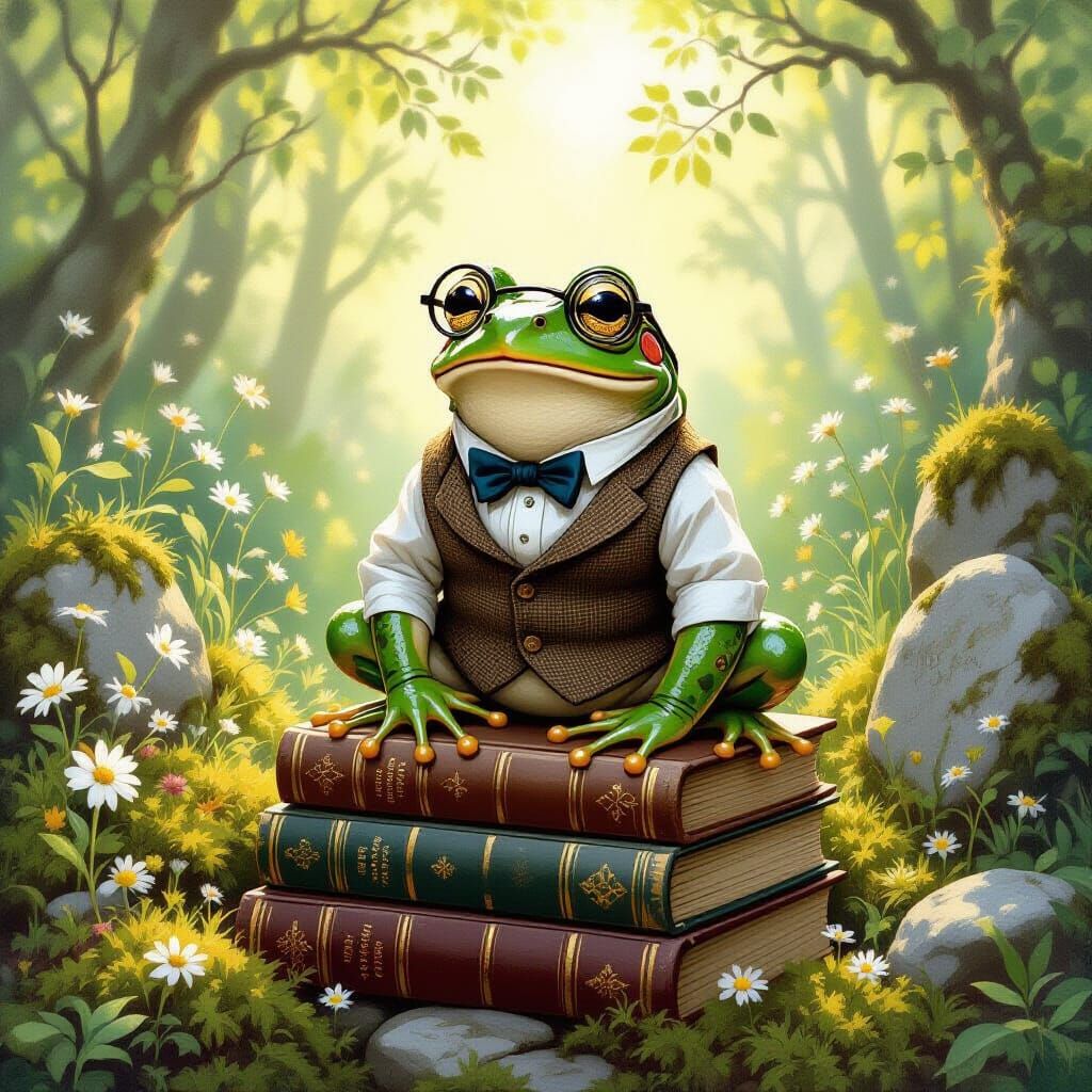 Whimsical Frog Bibliophile in Sun-Dappled Forest