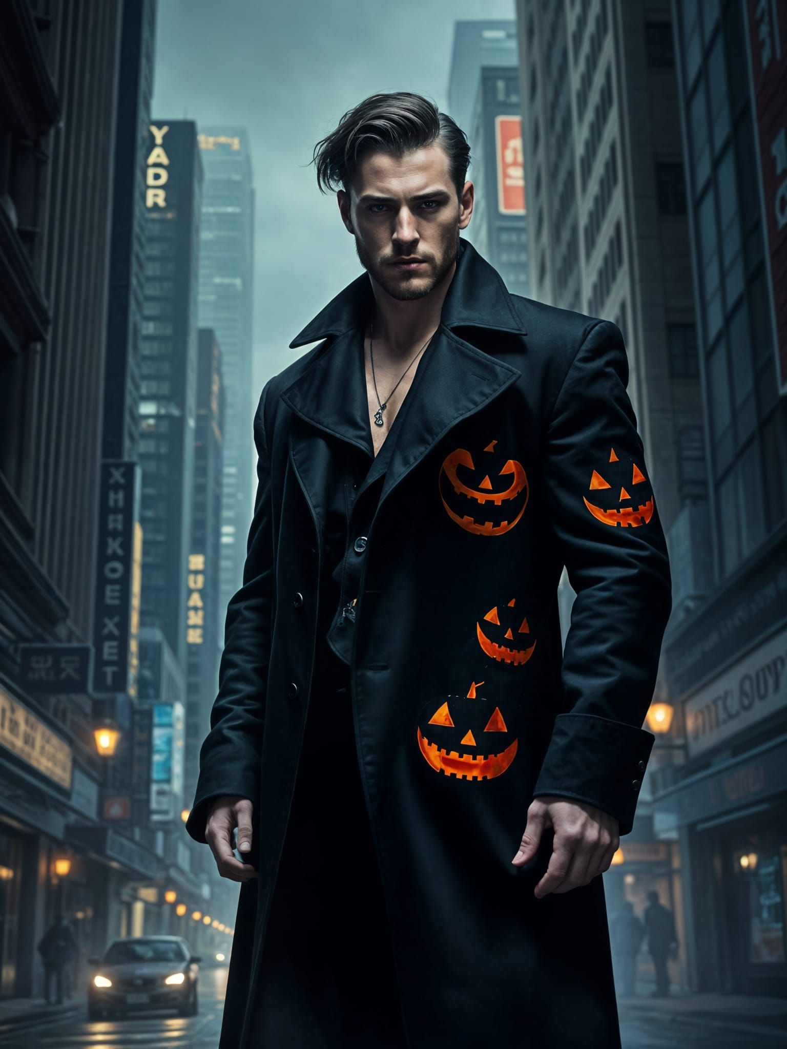 Mystical Man in Jack-o-Lantern Coat: Dark Fantasy Art