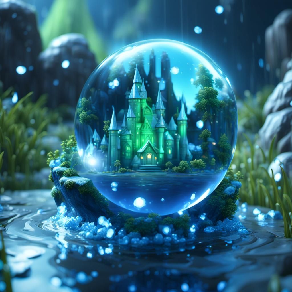 blue reflective cute crystal ball showing The Emerald City in the wizard of oz,water splash,magnificent detailed shiny ...