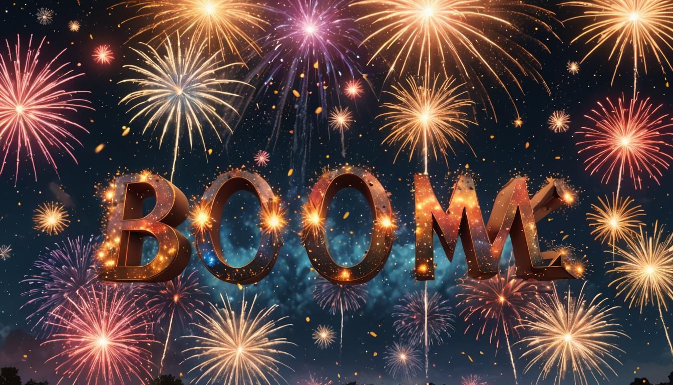 Exploding Fireworks Night Sky: 'BOOM!' in Lights