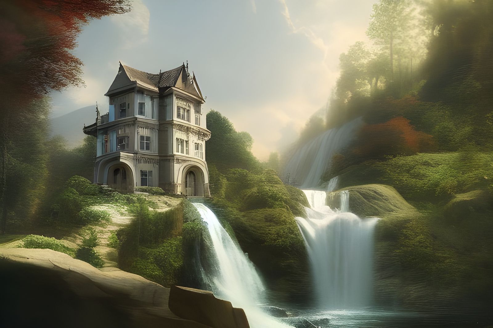 Mansion by Waterfall: A Matte Painting