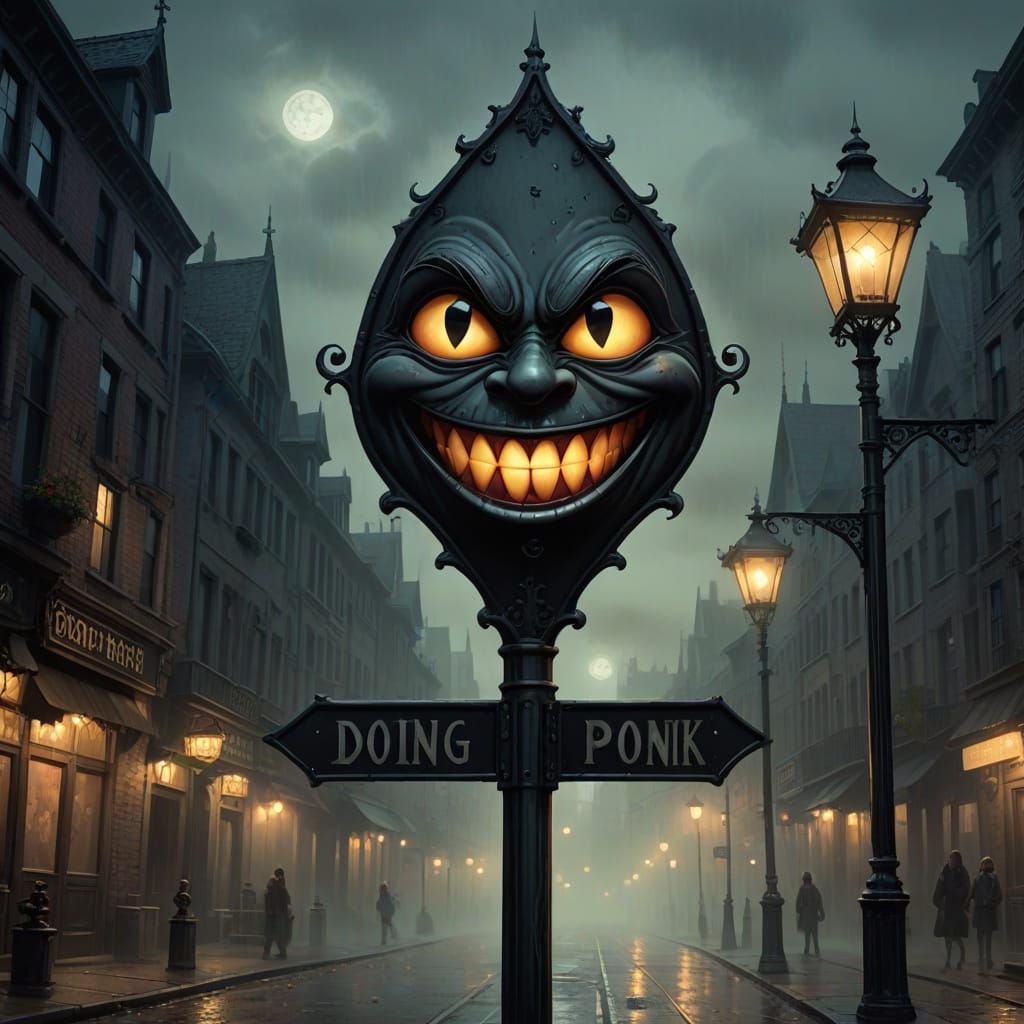 Mischievous Street Sign Grins in Moody Fog