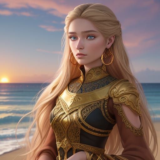 Blonde Teen Goddess at Sunset in Serene Beach Landscape