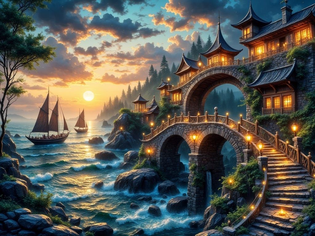 Impasto Bridge Scene Over Ocean at Sunset