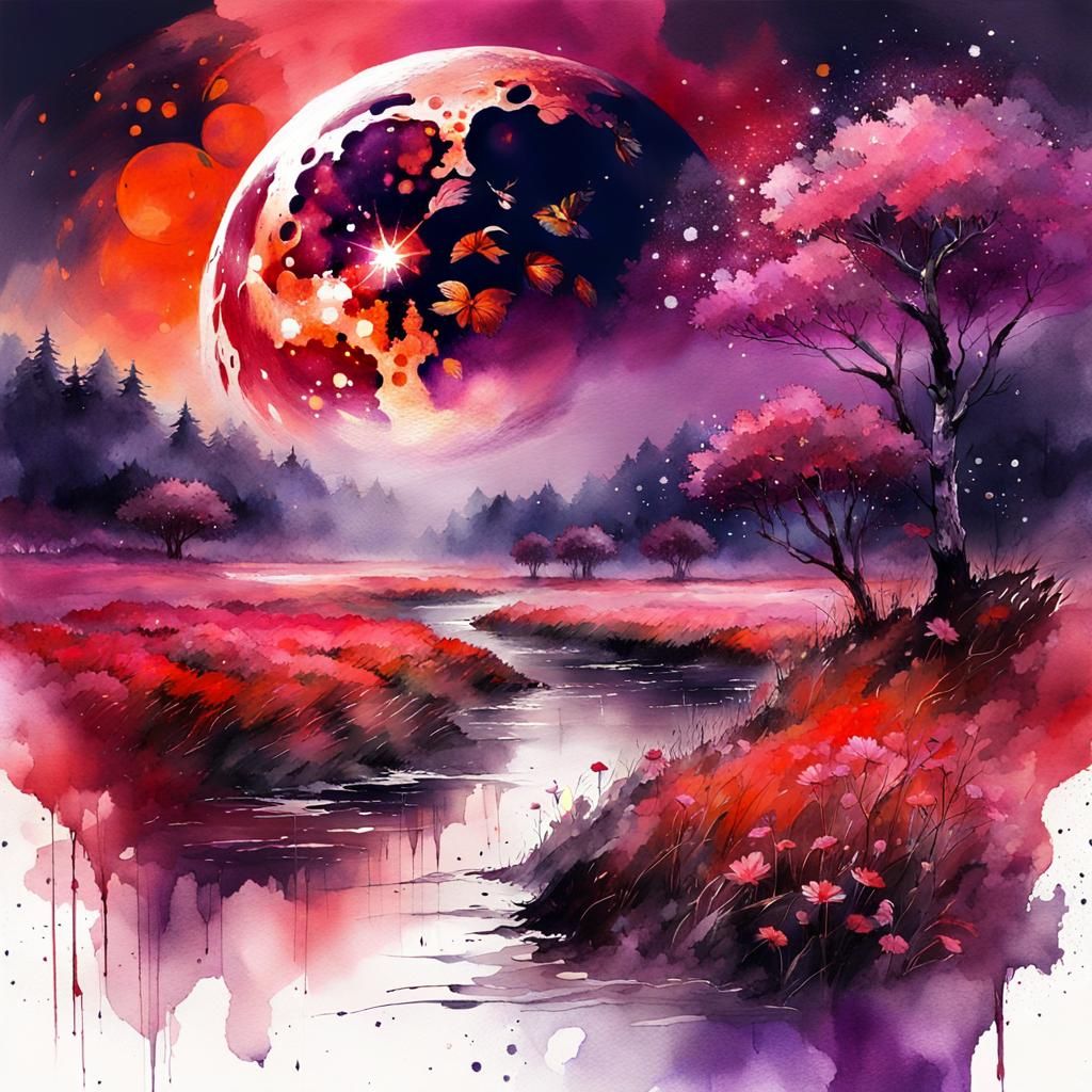 Blood Moon Over Lush Valley: Watercolor Illustration