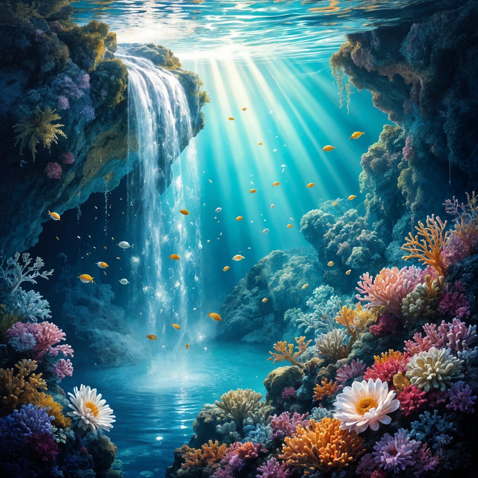 Underwater Stardust Waterfall in Surrealist Style