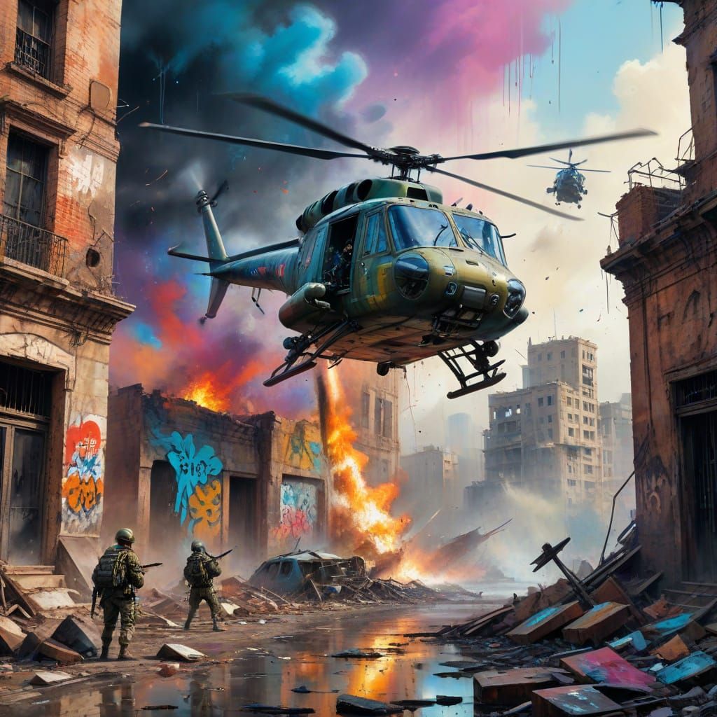 Dystopian Helicopter Rescue in Vibrant Graffiti Style