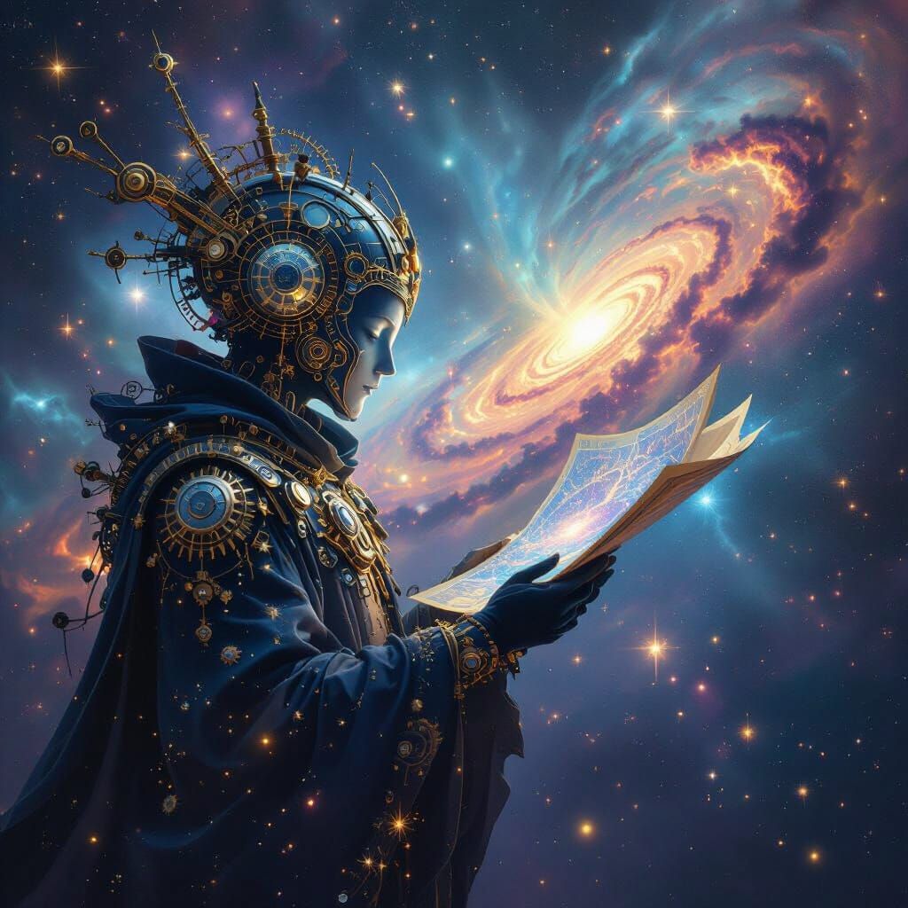 Celestial Being Unfolds Cosmic Map in Surreal Outer Space