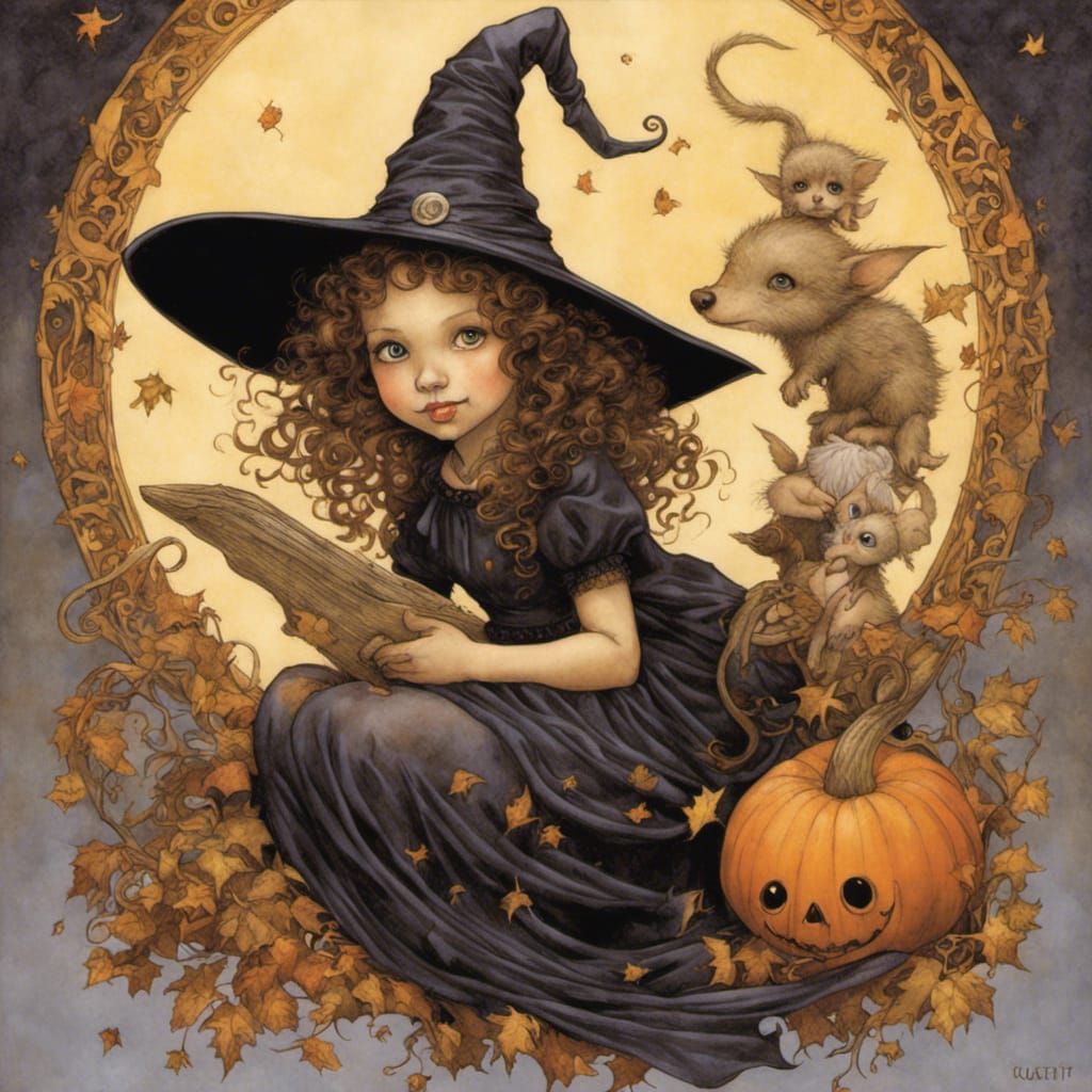 Cute Young Witch in Elaborate Fantasy Art Style