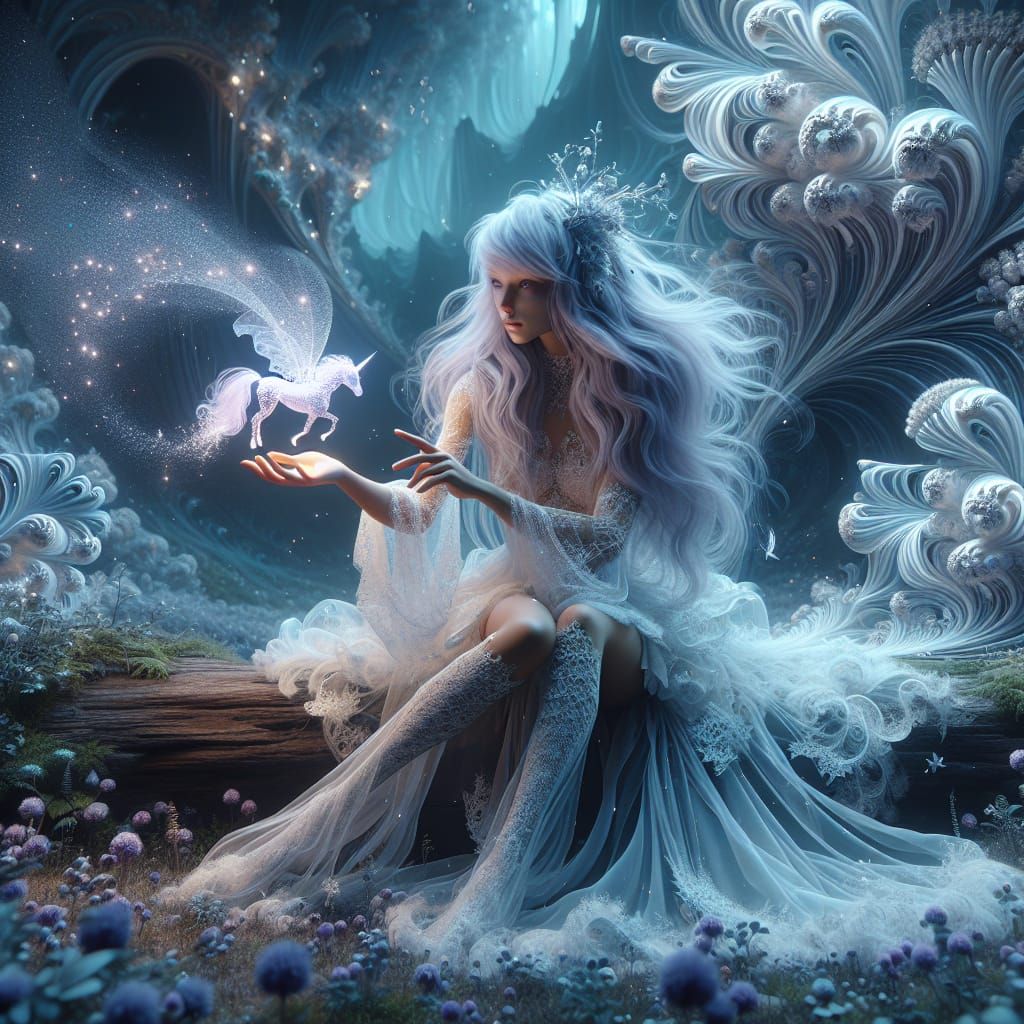 Whimsical Lady Reaching for Unicorn in Wildflower Forest