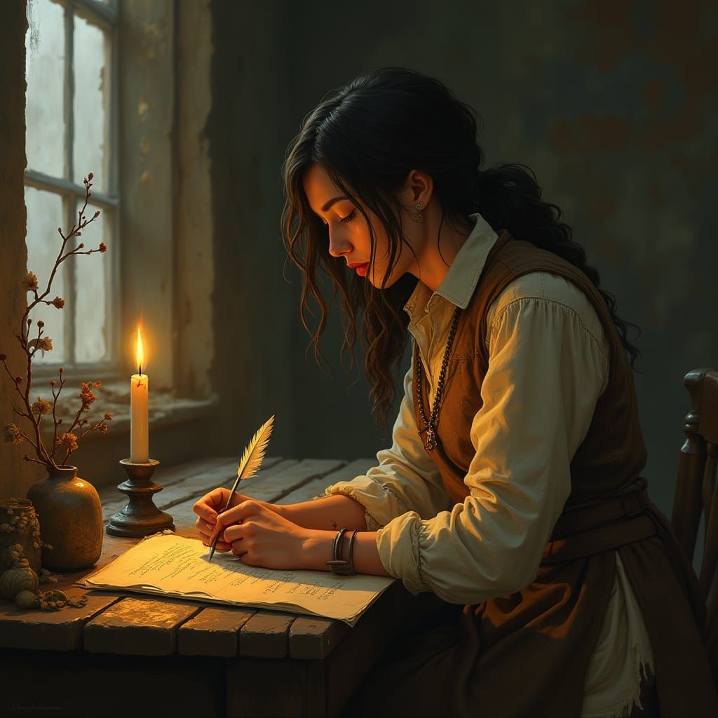 Woman at Desk in Candlelight: An Atmospheric Portrait