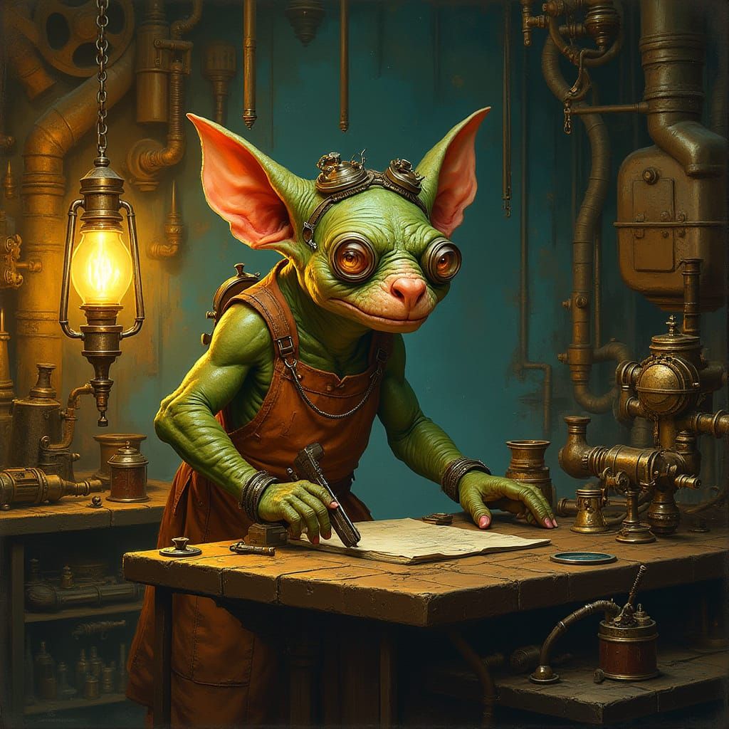 Goblin Artificer in Steampunk Workshop