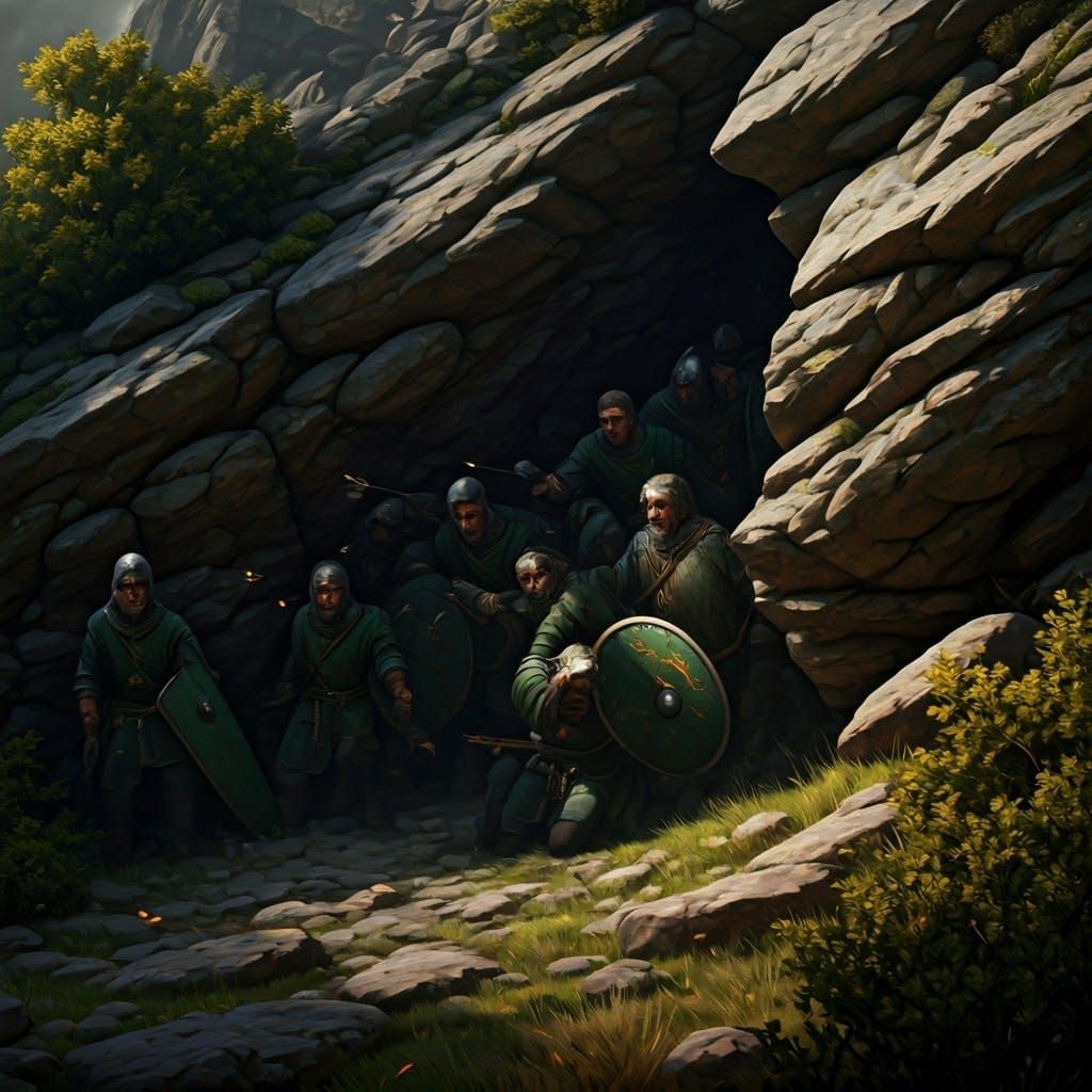 Medieval Defenders Provide Cover in Dark Fantasy Landscape