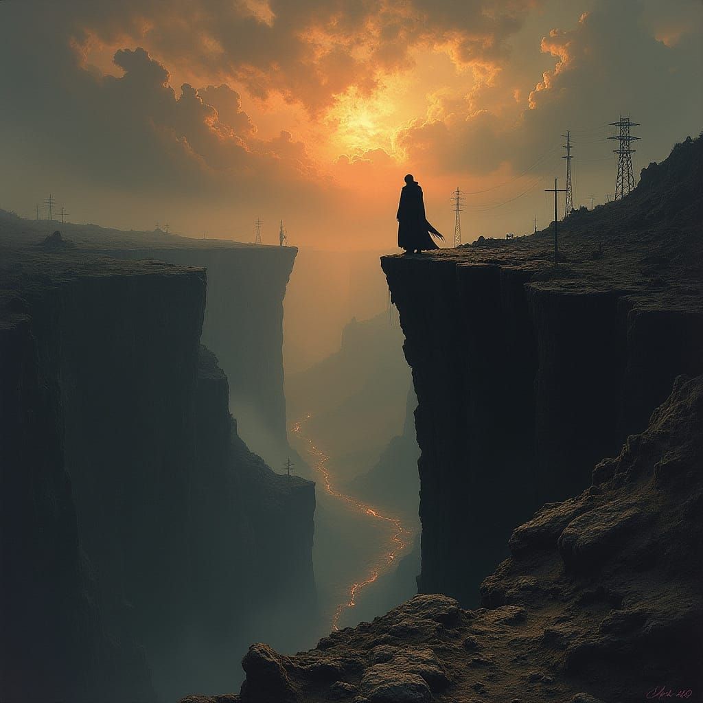 Ominous Figure Overlooking Hellish Landscape in Gothic Horro...