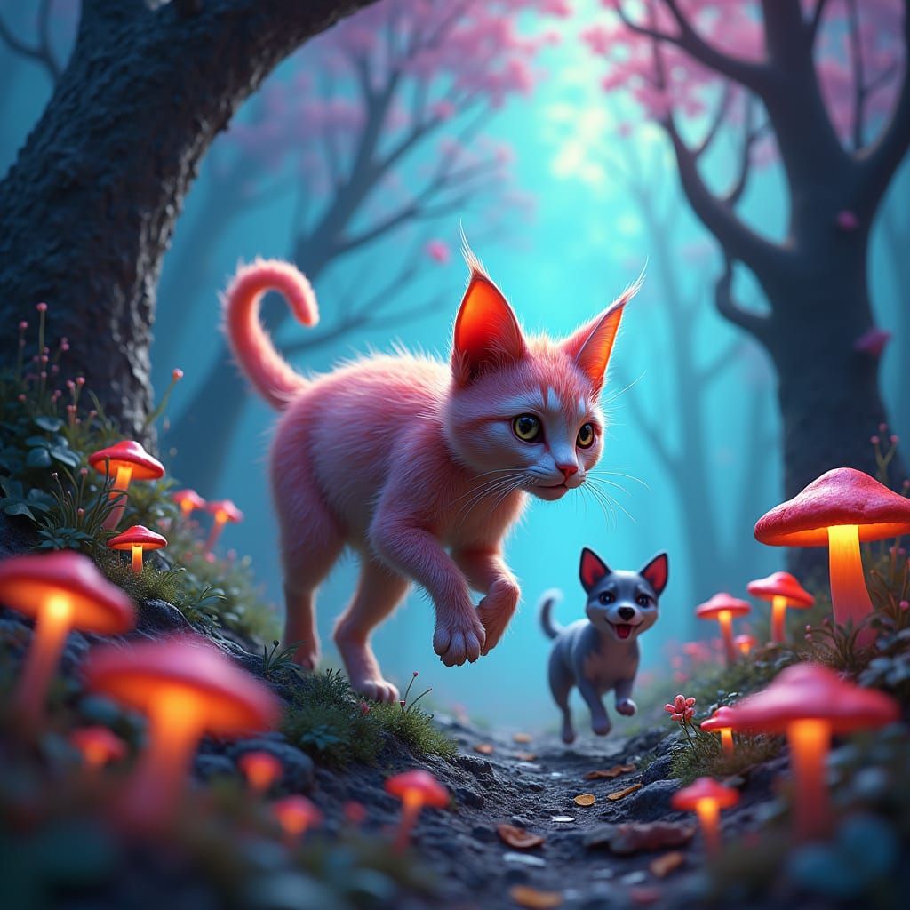 Iridescent Cat Chasing Dog in Dreamlike Forest