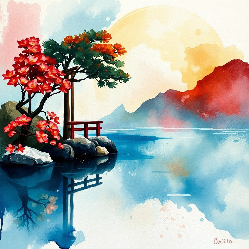 Japanese Lake and Cherry Trees in Abstract Art