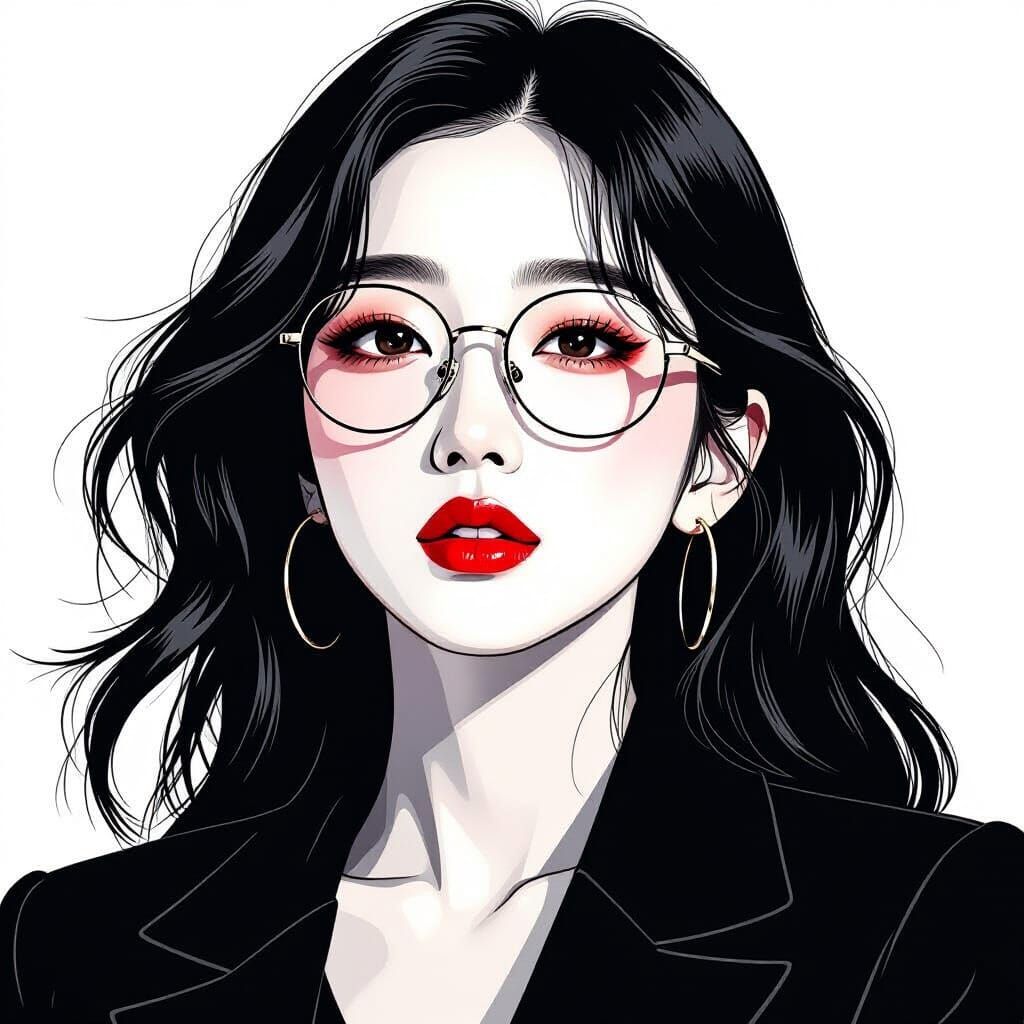 Stylized Ink Drawing of Korean Woman in Glasses