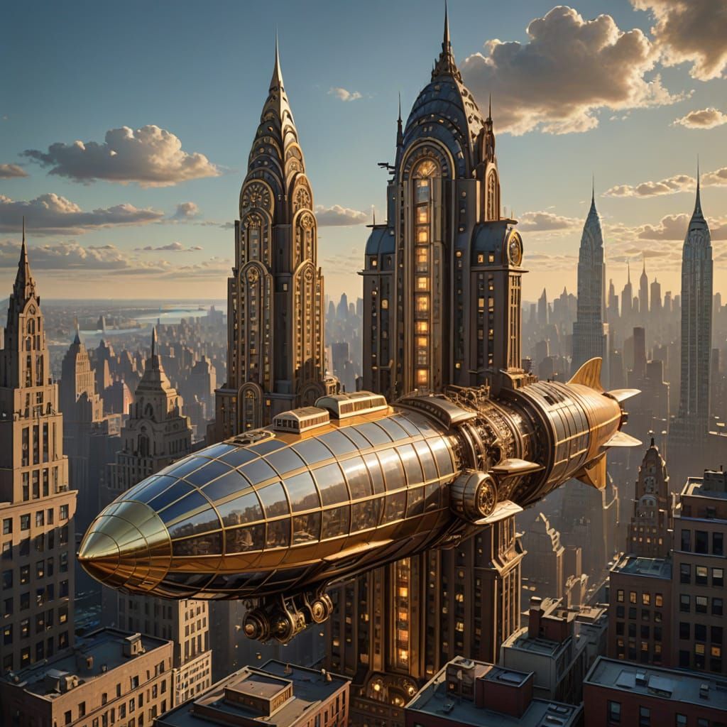 Steampunk Airship Docks Amidst Art Deco New York City