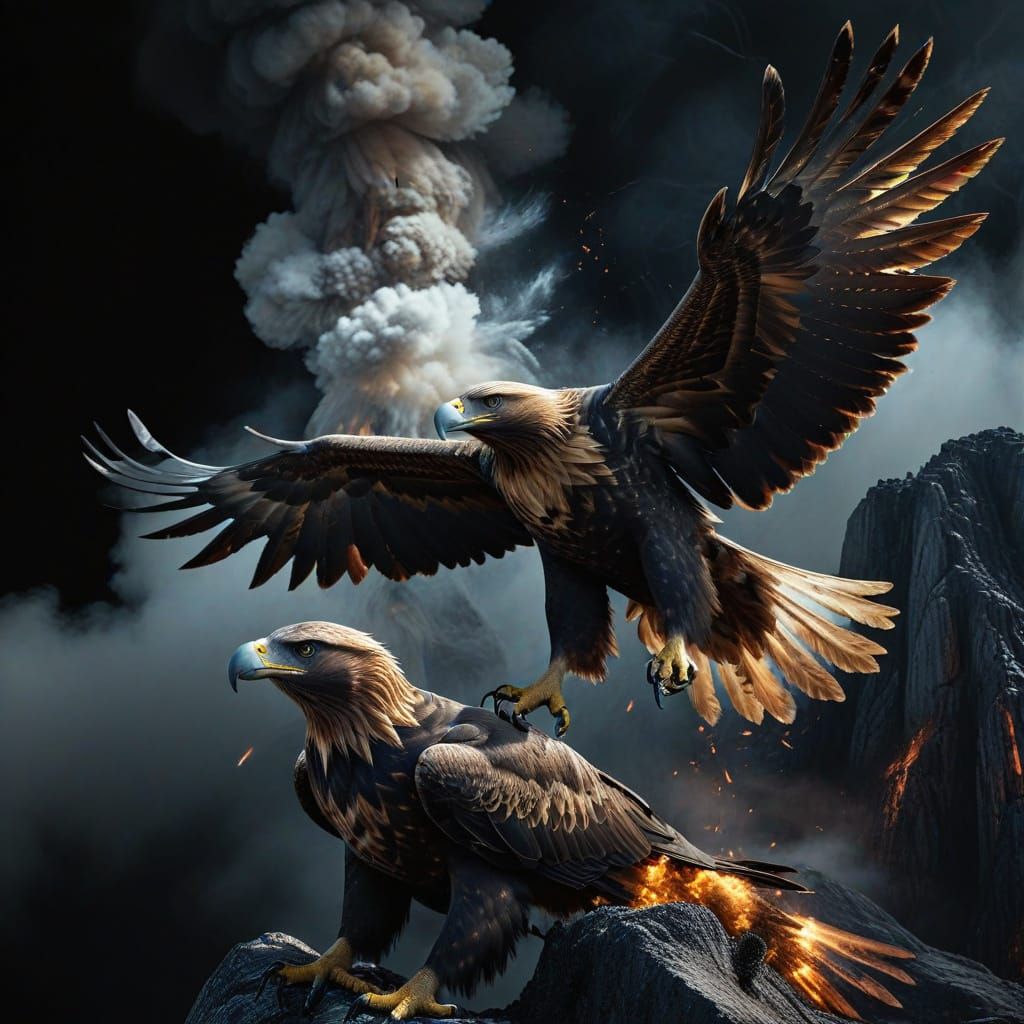 A Golden Eagle with expanded wings on a black background, in 5D rendering with sharp details and cinematic lighting, fea...