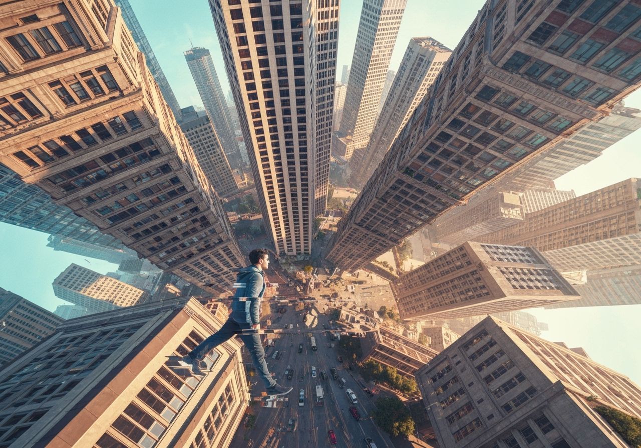 Surreal Cityscape with Glitching Figure in Digital Art