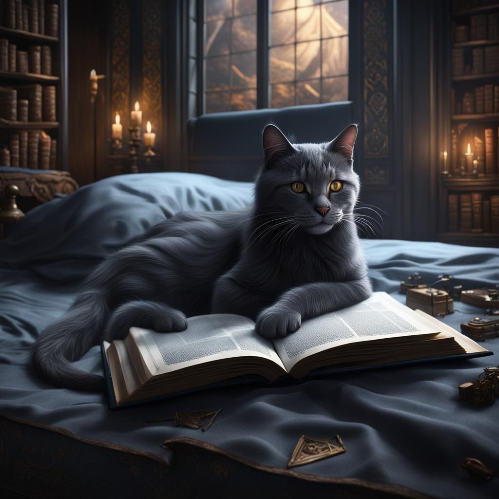 Dark Grey Cat with Open Book: Matte Painting