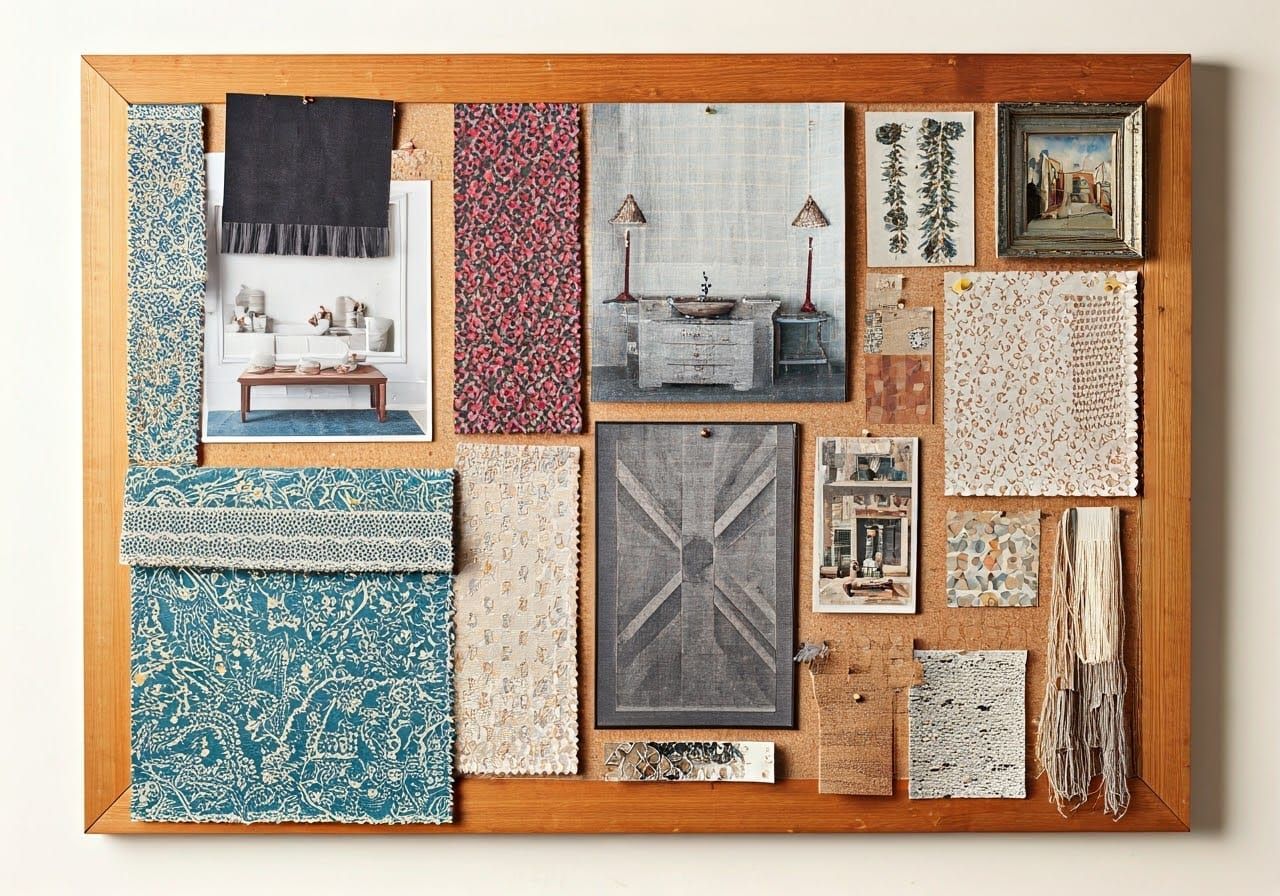 A pin board with lots of fabric swatches, paint samples and ...