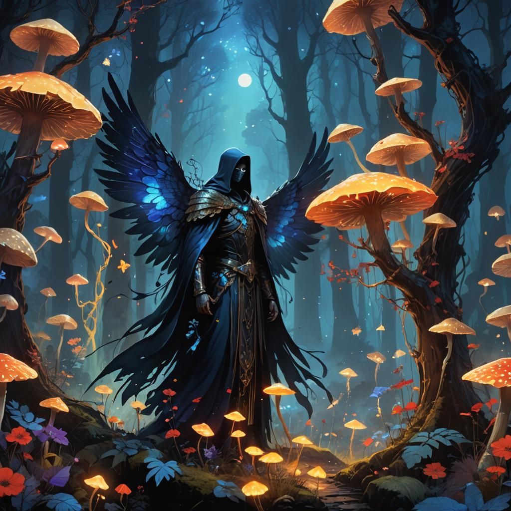 A dark winged figure stands at the edge of a mystical, ancie...