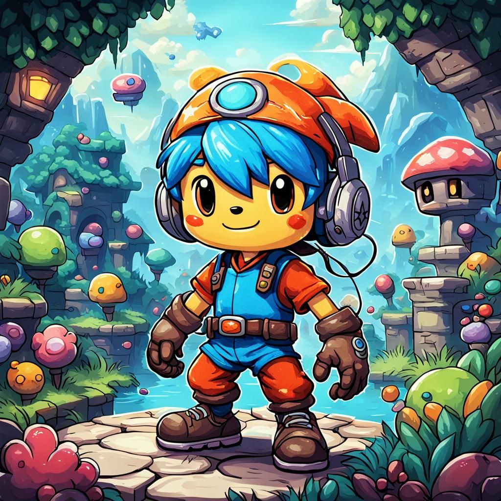 Cute Video Game Character in Colorful Scene