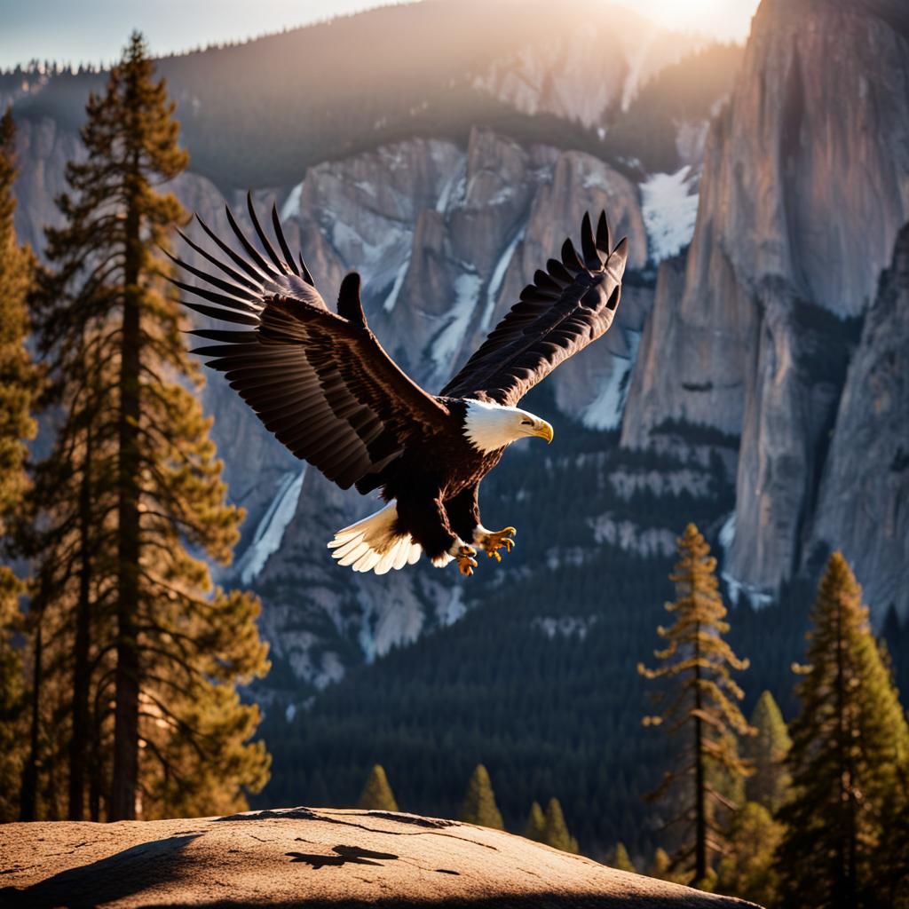 an American bald eagle soaring through Yosemite Valley in fr...