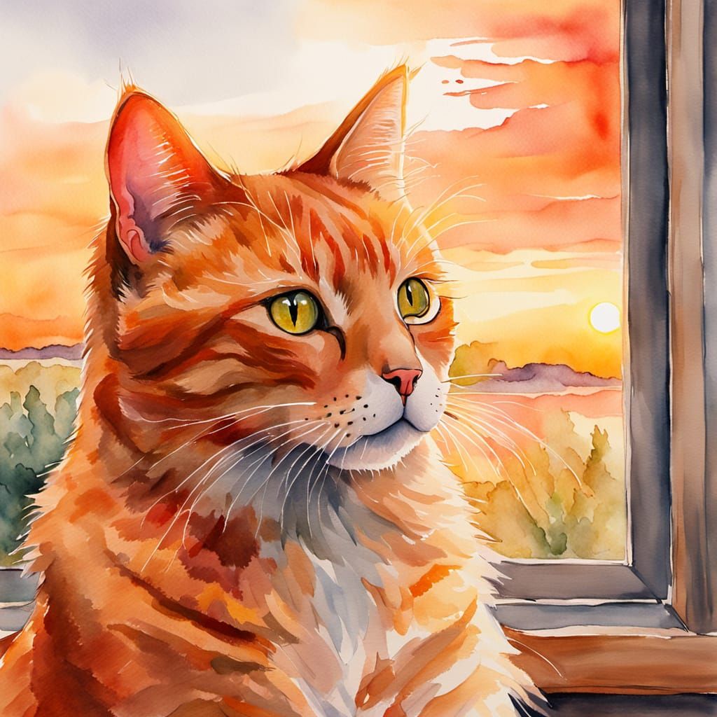 Sunset Cat: A Whimsical Watercolor Portrait