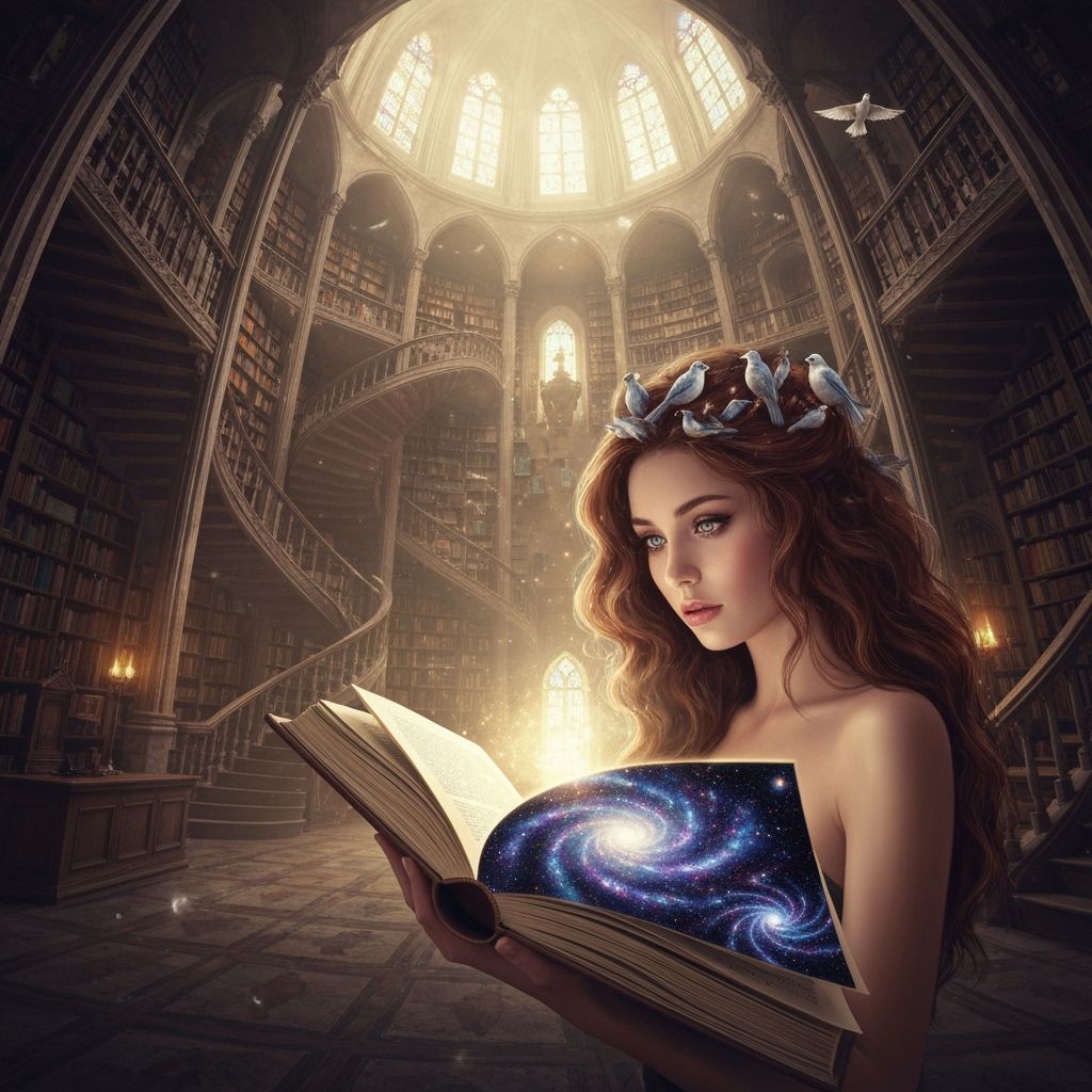 Grand Library with Birds, Surreal and Ethereal