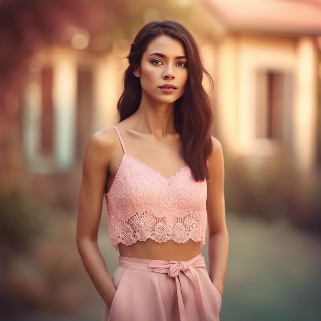 Woman in Pink Lace Top: Realistic Portrait Photography